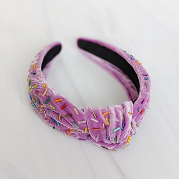 Lilac Confetti Beaded Knot Velvet Headband Rainbow Beads Handmade Knotted Turban main image 8